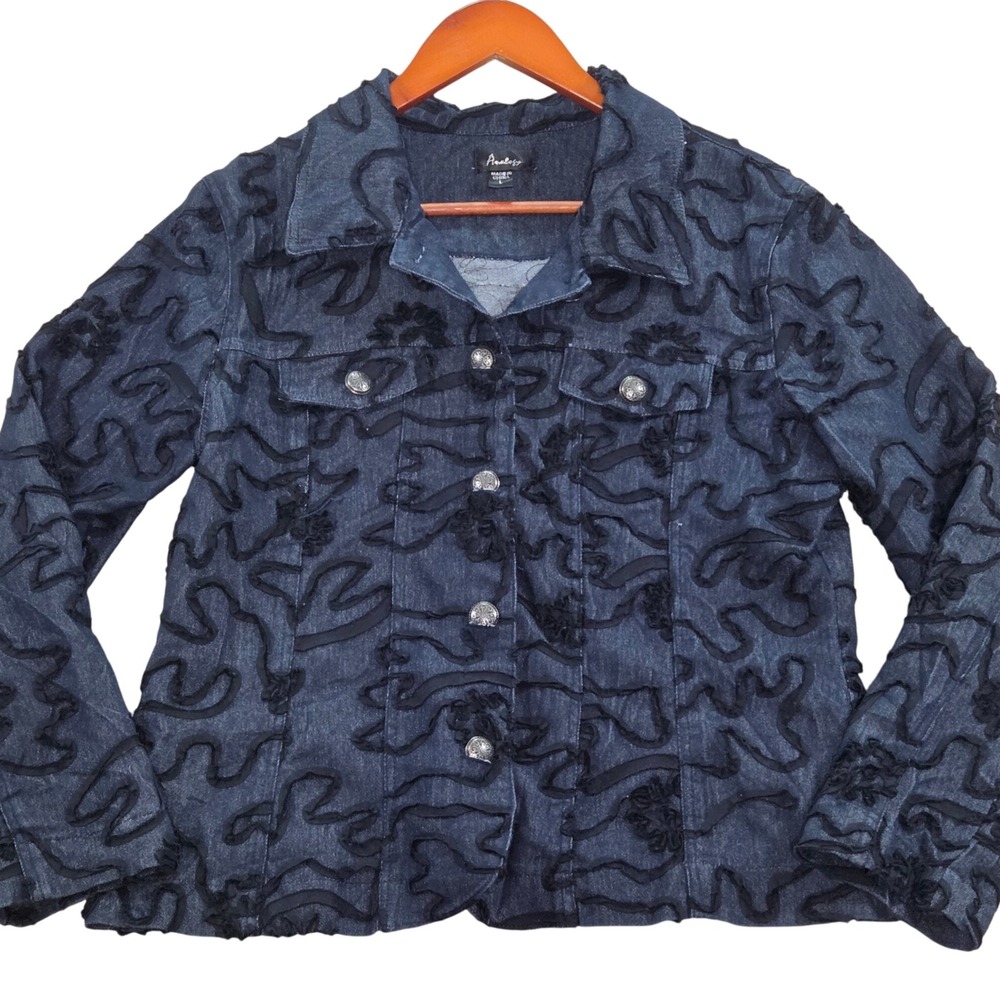 Analogy Women's Denim Jacket L Blue Black Ribbon‎ Embellished Lightweight